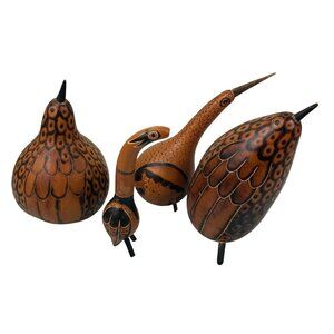 Gourd Peruvian Folk Art Primitive Carved Birds Set 4 Brown Black Wood Beaks READ